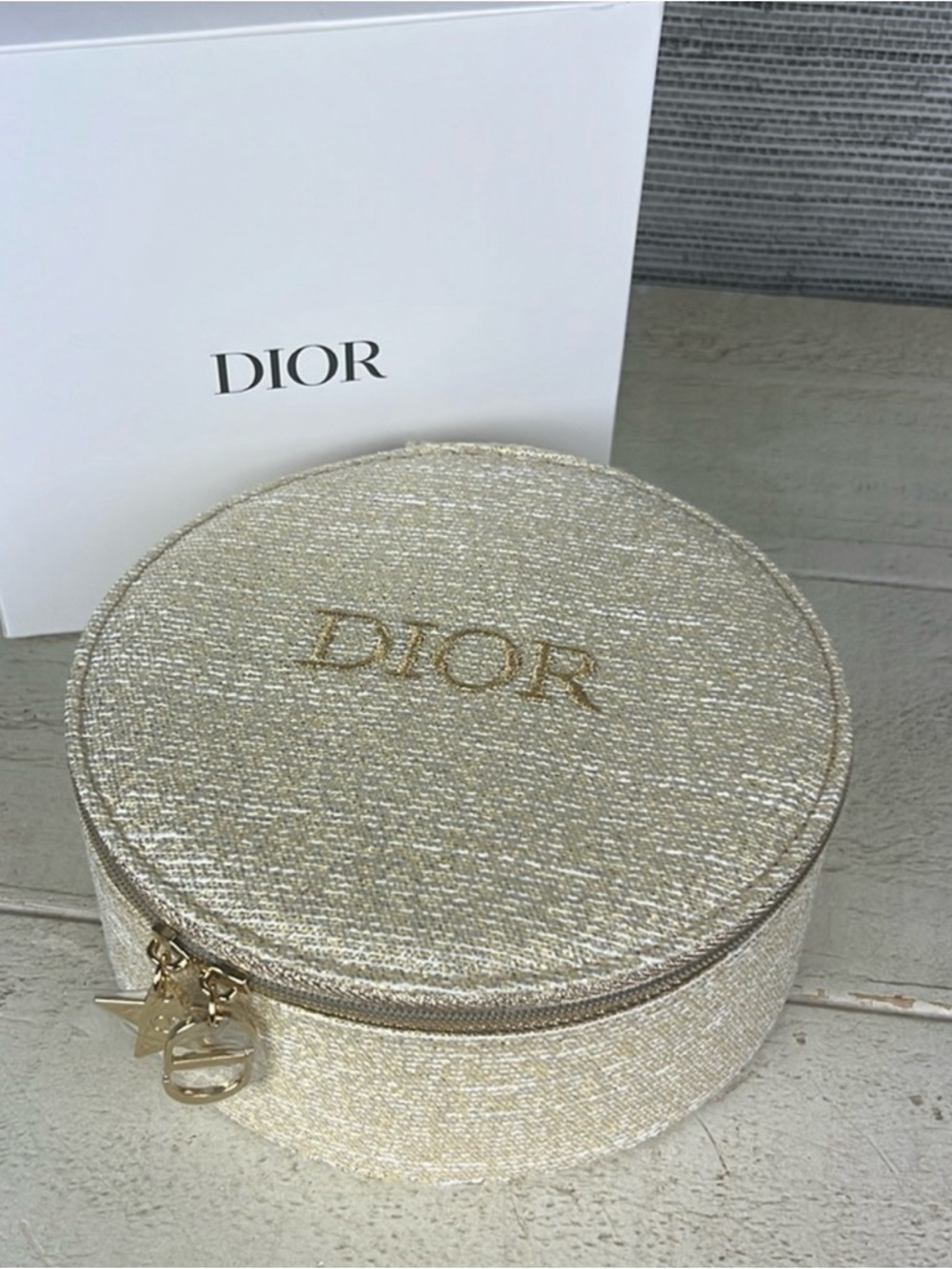 Dior Gold Textured Round Cosmetic Case